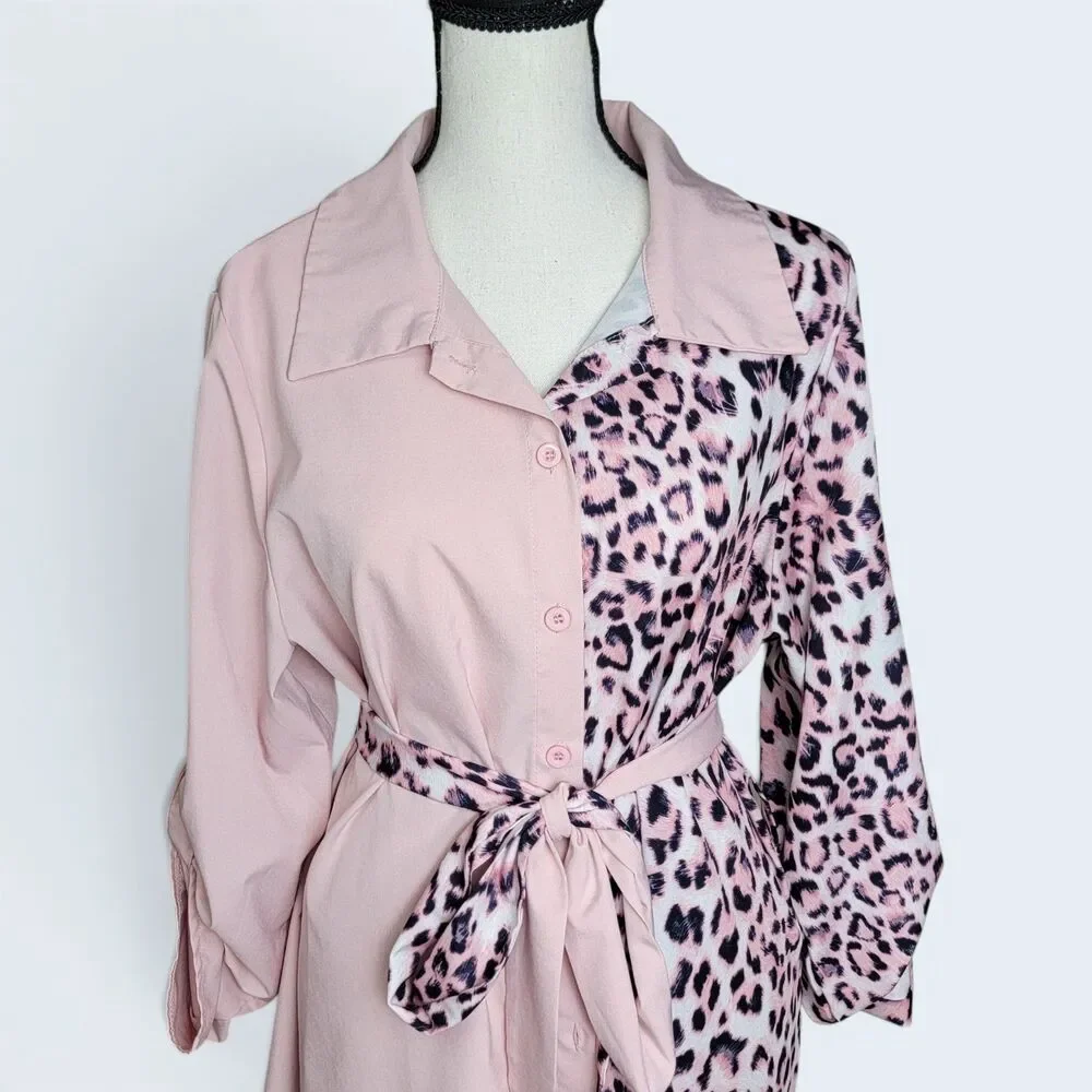 SHEIN Pink/Black Leopard Print Button Down Long Shirt XL Belted Long Sleeve - Picture 3 of 8